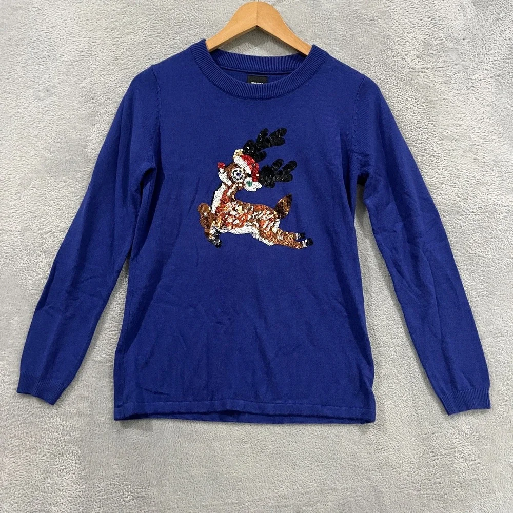 Holiday Editions Christmas Sweater Small Reindeer Blue sequin Acrylic